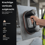 Handheld vacuum cleaner being used on a large flat surface with text detailing its features.