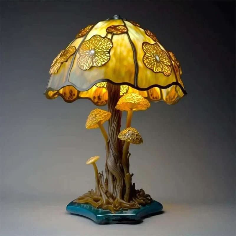 Decorative mushroom-themed lamp with stained glass shade on a gray background