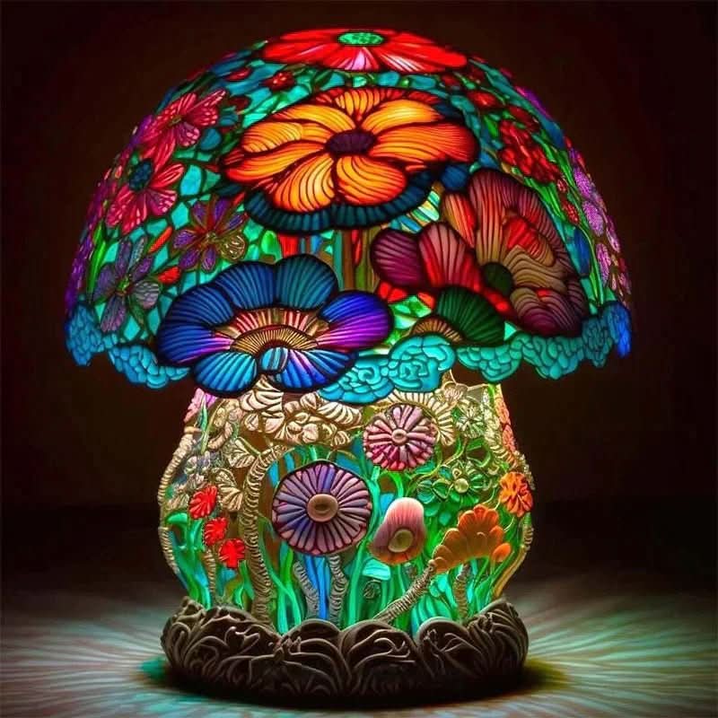 Colorful stained glass mushroom-shaped lamp with floral designs on a dark background