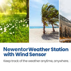 Promotional graphic for Newentor Weather Station with Wind Sensor featuring scenic landscapes.