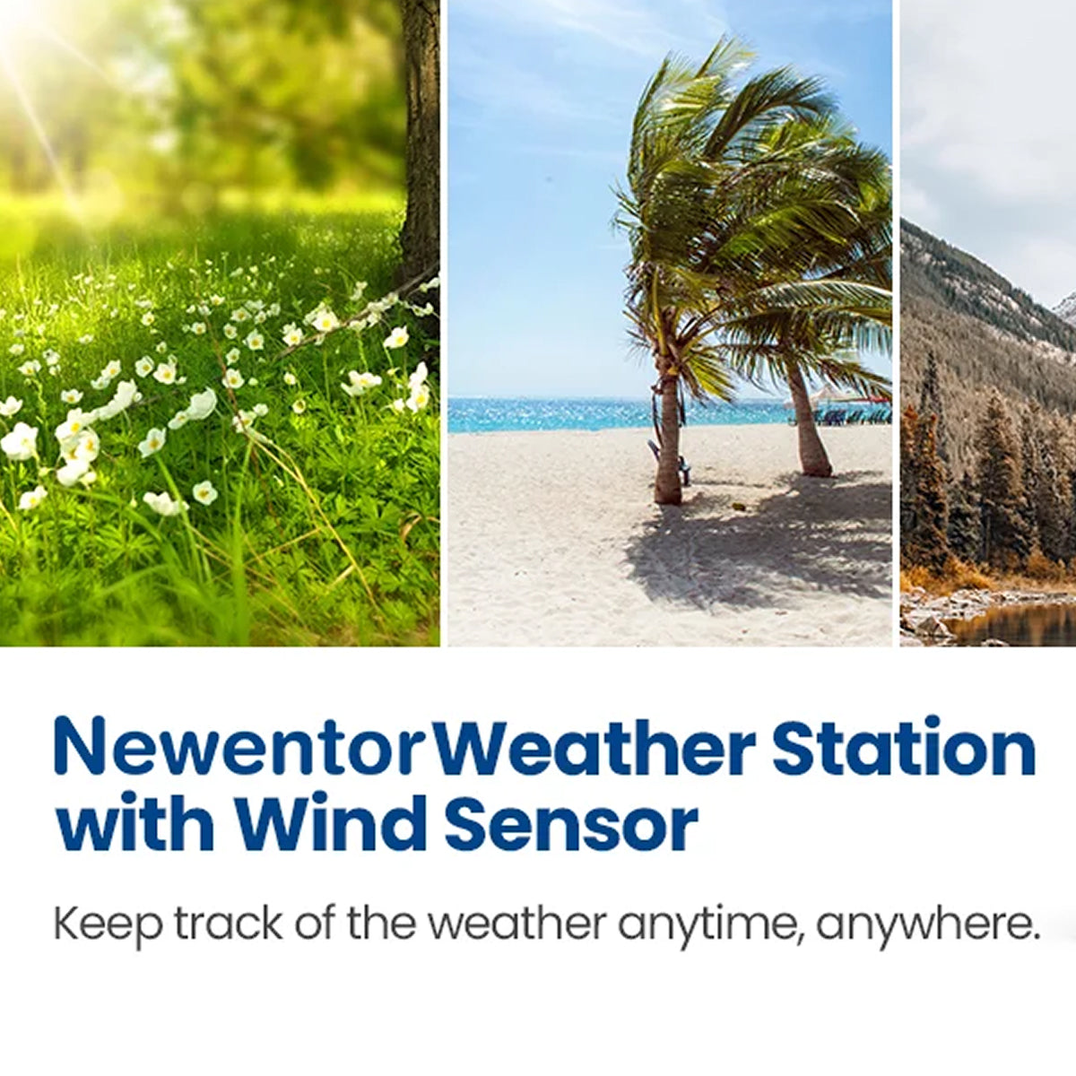 Promotional graphic for Newentor Weather Station with Wind Sensor featuring scenic landscapes.