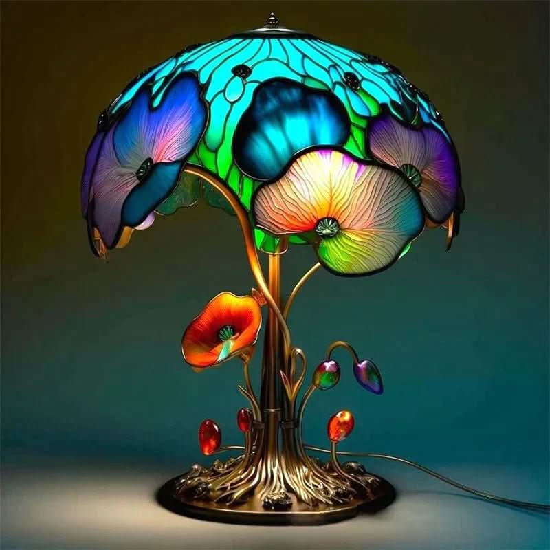 Colorful stained glass lamp with floral design on a dark background