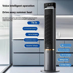 Tall black tower fan with digital display in a kitchen setting, featuring voice intelligent operation text.