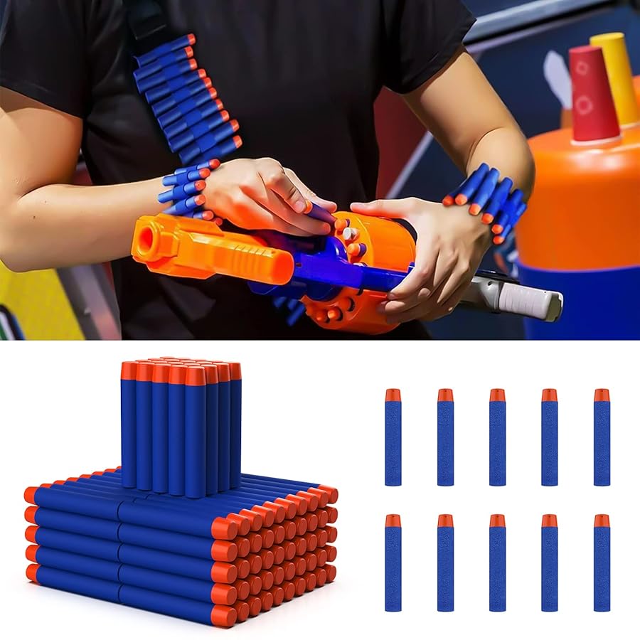 Person holding a Nerf gun with blue and orange darts, surrounded by more darts and a stack of darts.