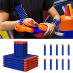 Person holding a Nerf gun with blue and orange darts, surrounded by more darts and a stack of darts.