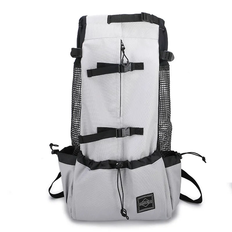 Gray backpack with black straps on a white background