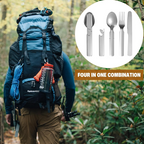 Person with hiking gear in a forest, with a four-in-one combination cutlery set inset.