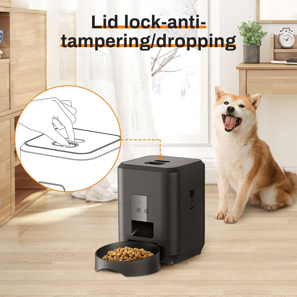 Pet feeder with lid lock feature in a home setting, accompanied by a dog.