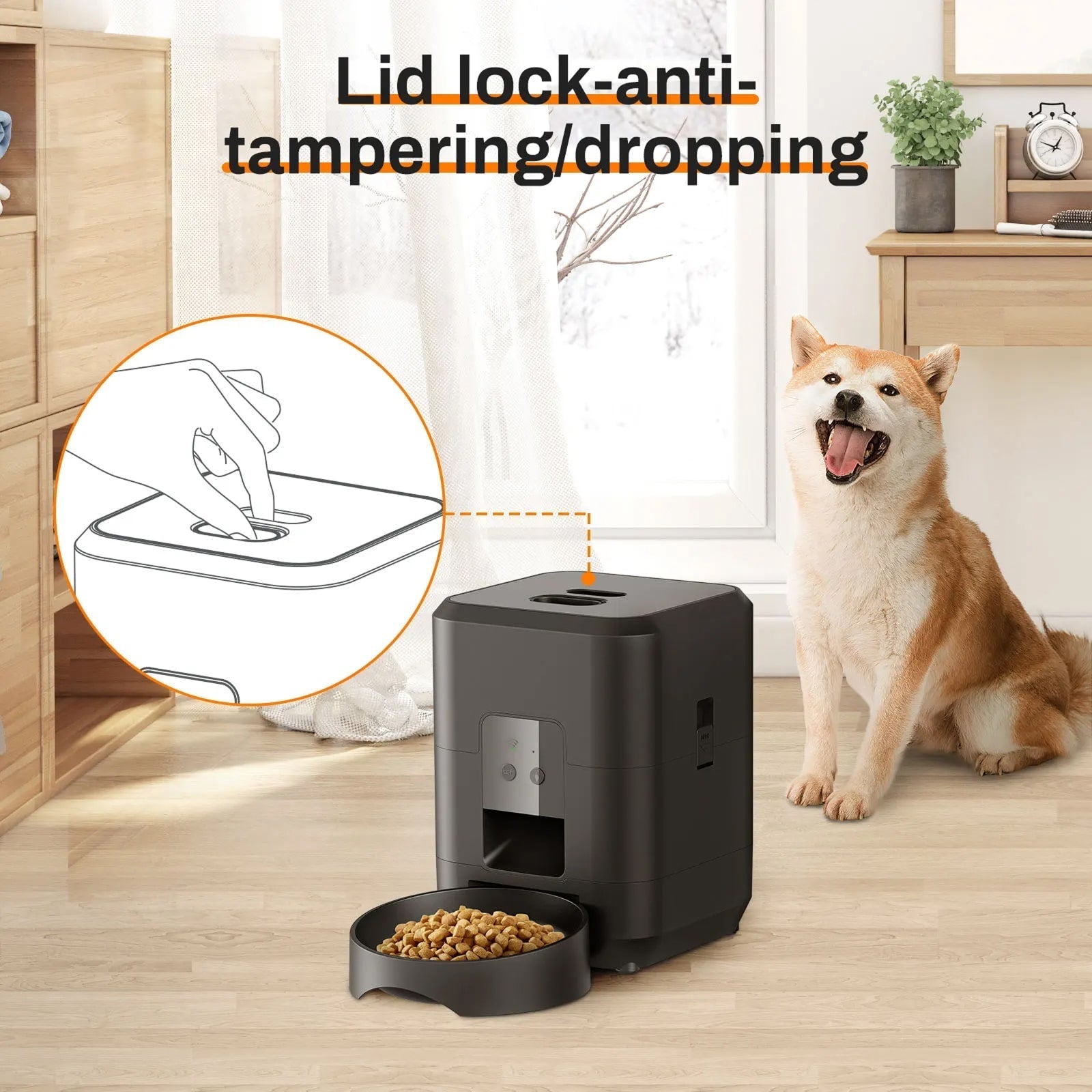 Pet feeder with lid lock feature in a home setting, accompanied by a dog.