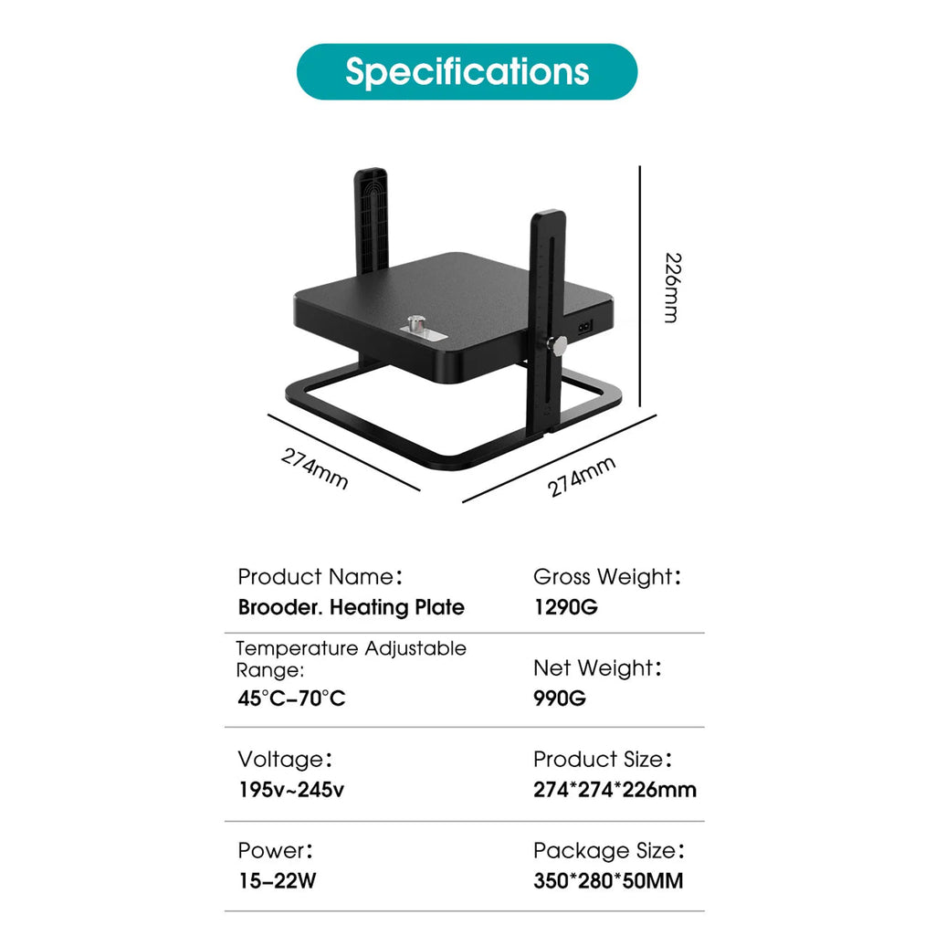 Brooder heating plate with specifications on a white background