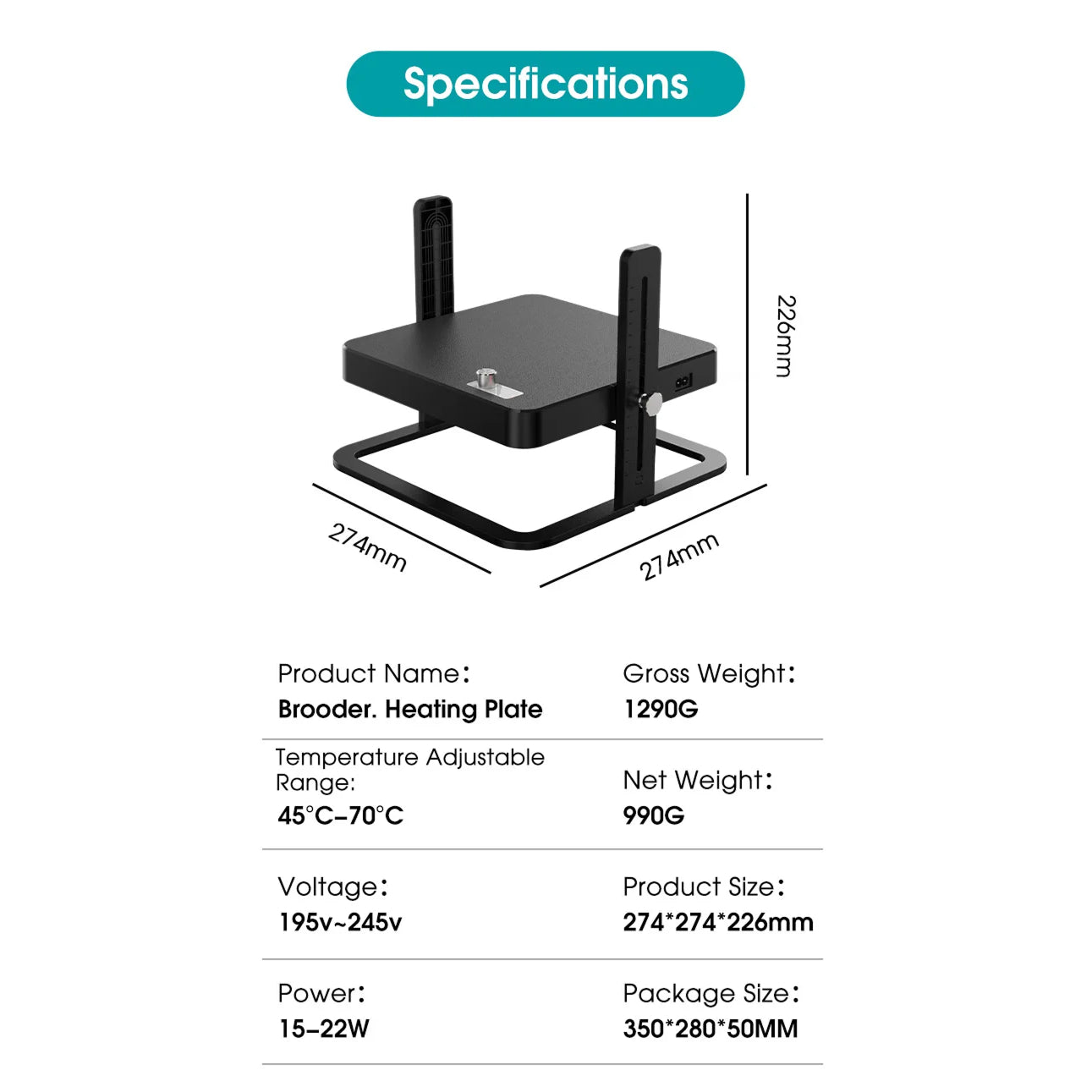 Brooder heating plate with specifications on a white background