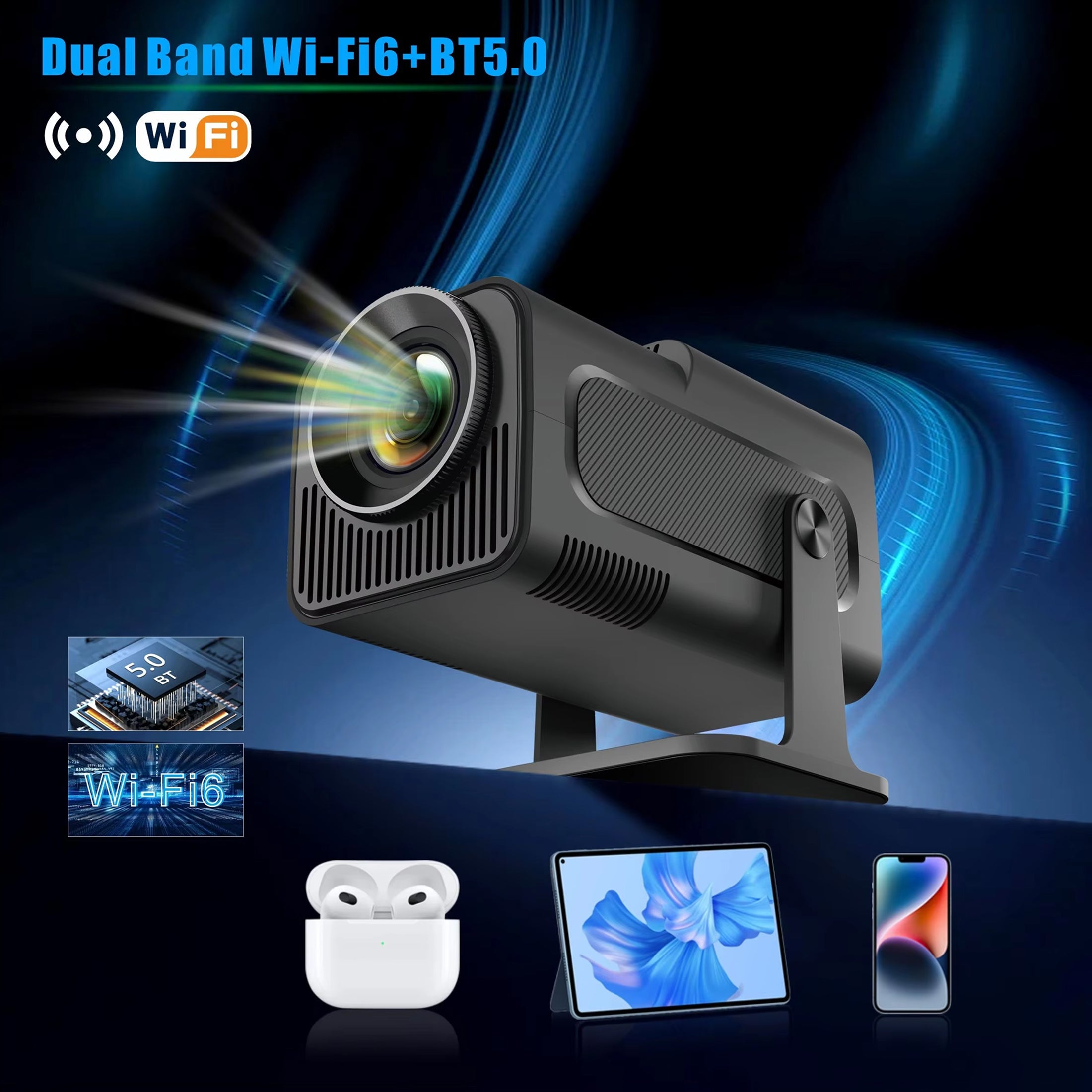 Black projector with Wi-Fi and Bluetooth technology on a dark background