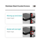 Instructions for using stainless steel knurled screws to adjust height and angle.