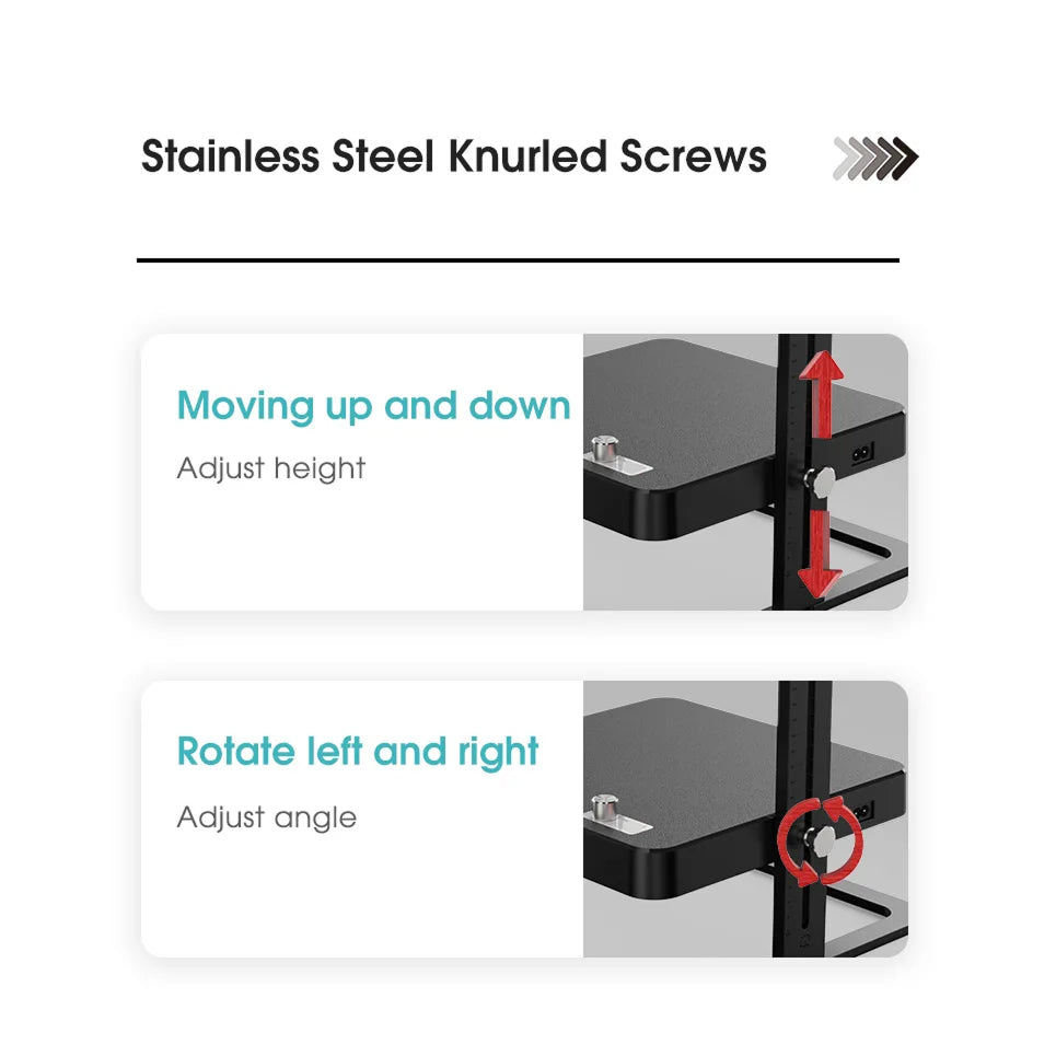 Instructions for using stainless steel knurled screws to adjust height and angle.
