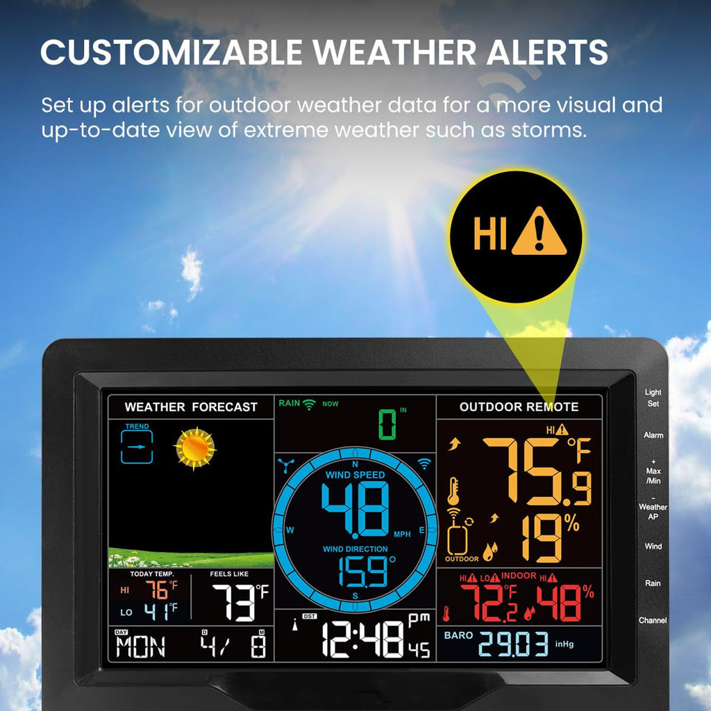 Weather station display with customizable alerts against a sky background