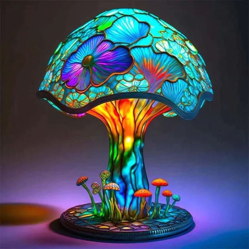 Colorful mushroom-shaped lamp with floral design on a dark background