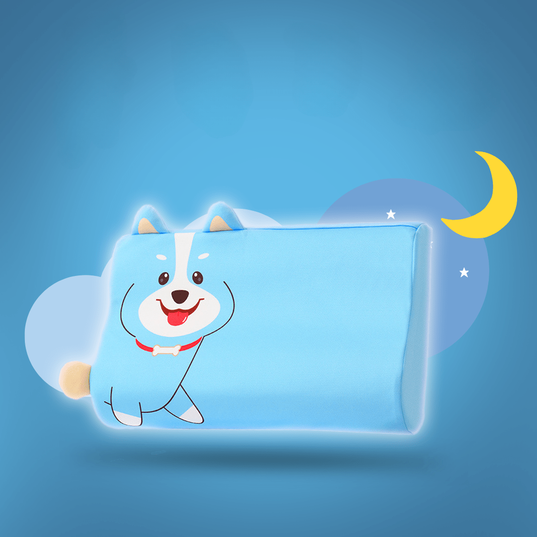 Cartoon dog character with a blue glowing rectangle on a blue background with a moon and stars.