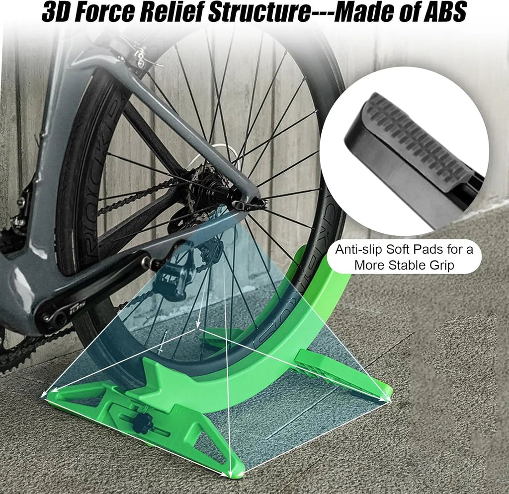 Green bike stand with 3D force relief structure made of ABS, showing anti-slip soft pads.
