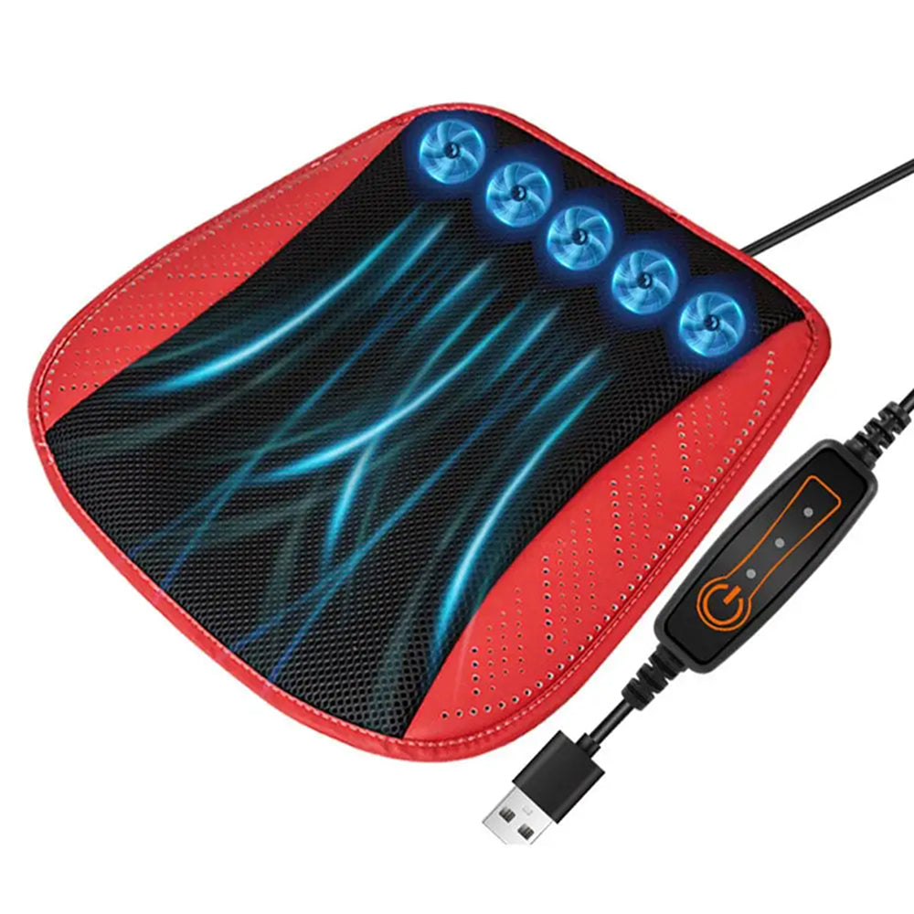 Red heating pad with blue LED lights and USB cable on a white background