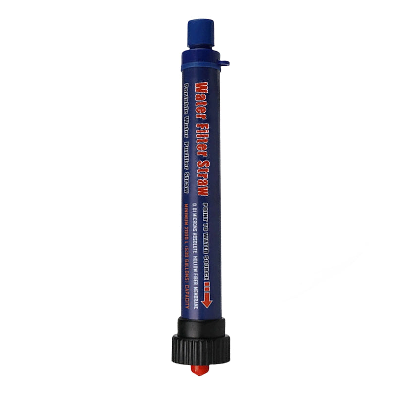 Water filter straw with blue and black design on a white background