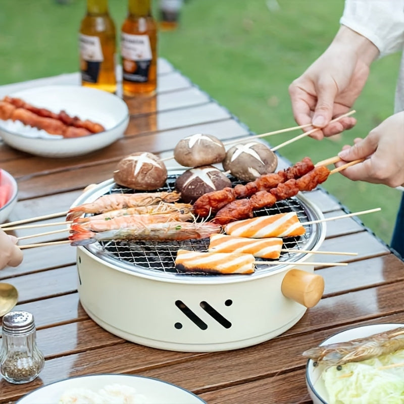 Compact Round Charcoal Grill | 28cm, Stainless Steel Grate, Wood Handles