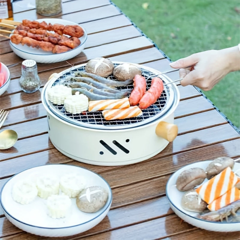 Compact Round Charcoal Grill | 28cm, Stainless Steel Grate, Wood Handles
