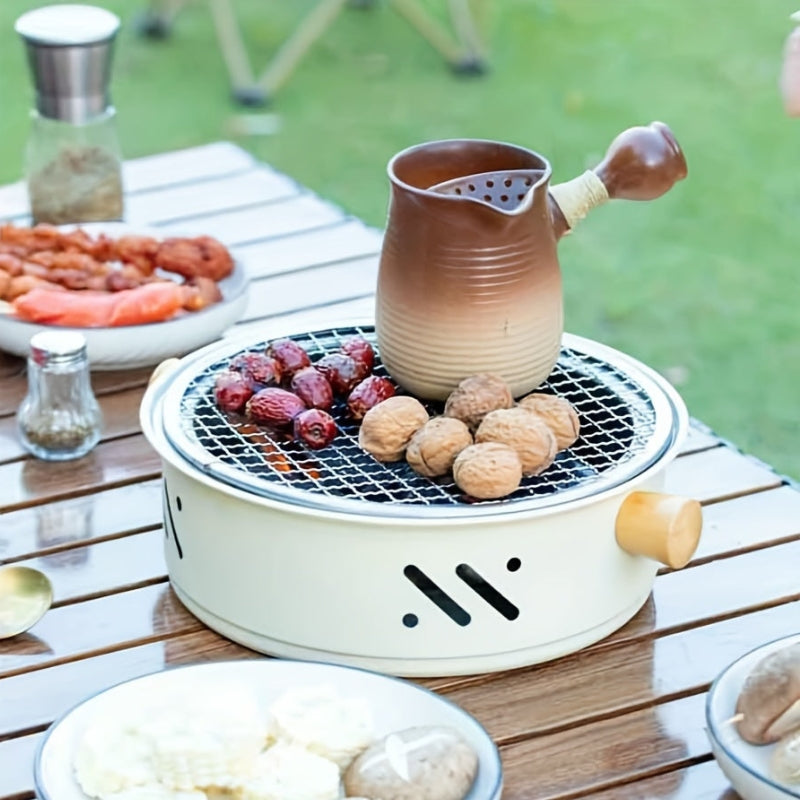 Compact Round Charcoal Grill | 28cm, Stainless Steel Grate, Wood Handles