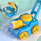 Toy bubble mower with blue and yellow colors on a light green background