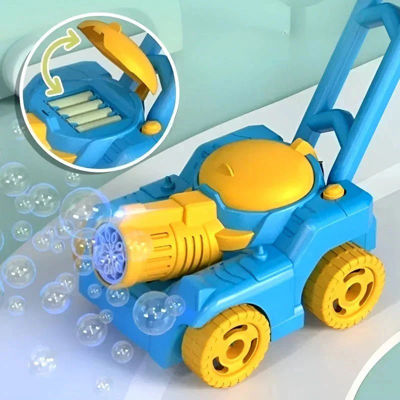 Toy bubble mower with blue and yellow colors on a light green background