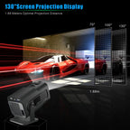 Projector displaying a red car on a screen with measurements of projection distances.