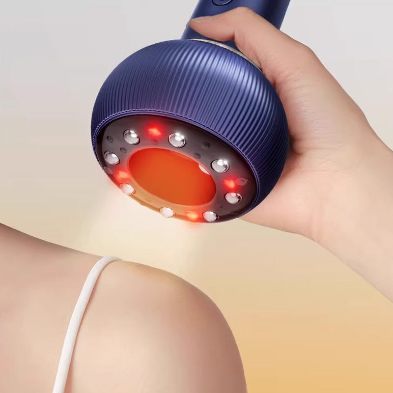 Hand holding a purple device with red light on a neutral background