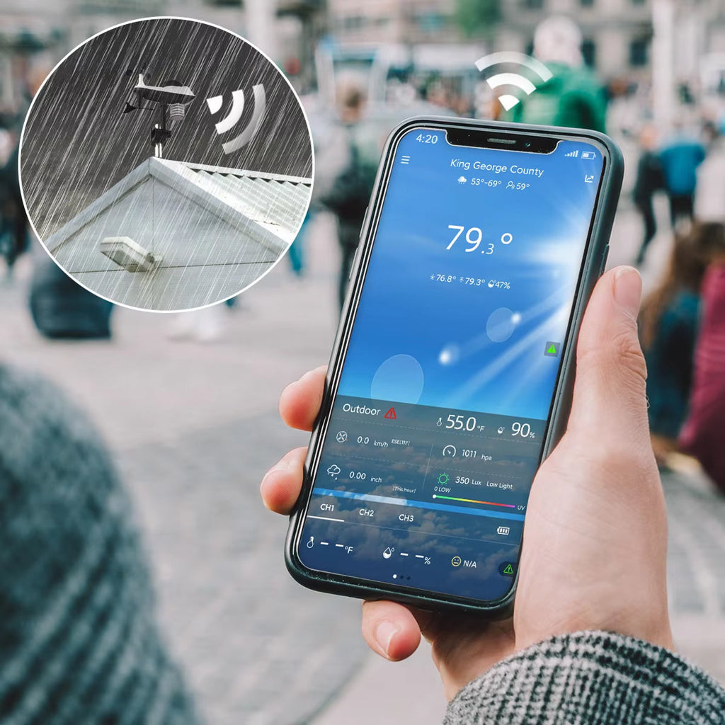Person holding a smartphone with a weather app displaying outdoor temperature, rain sensor icon, and Wi-Fi signal.