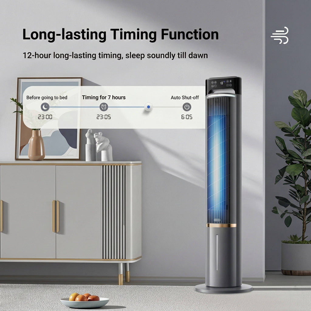 Tall electronic device with digital display in a room setting, emphasizing its long-lasting timing function.