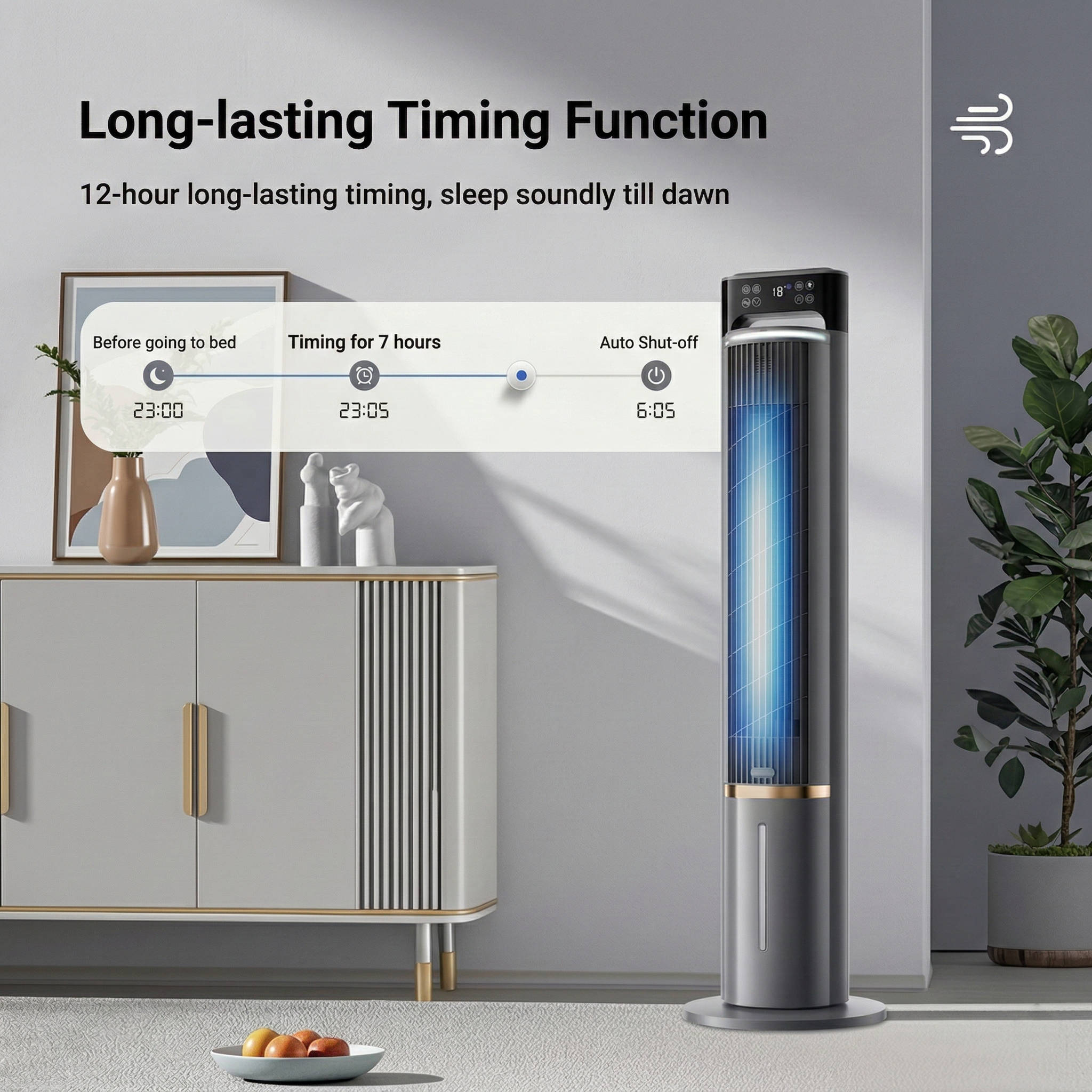 Tall electronic device with digital display in a room setting, emphasizing its long-lasting timing function.