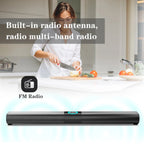 Woman cooking in a kitchen with a built-in radio antenna and FM radio feature displayed.