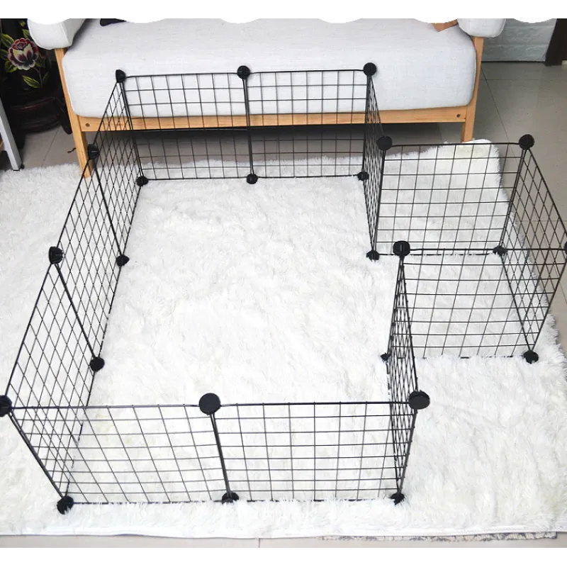 Black wire pet pen on a white carpeted floor