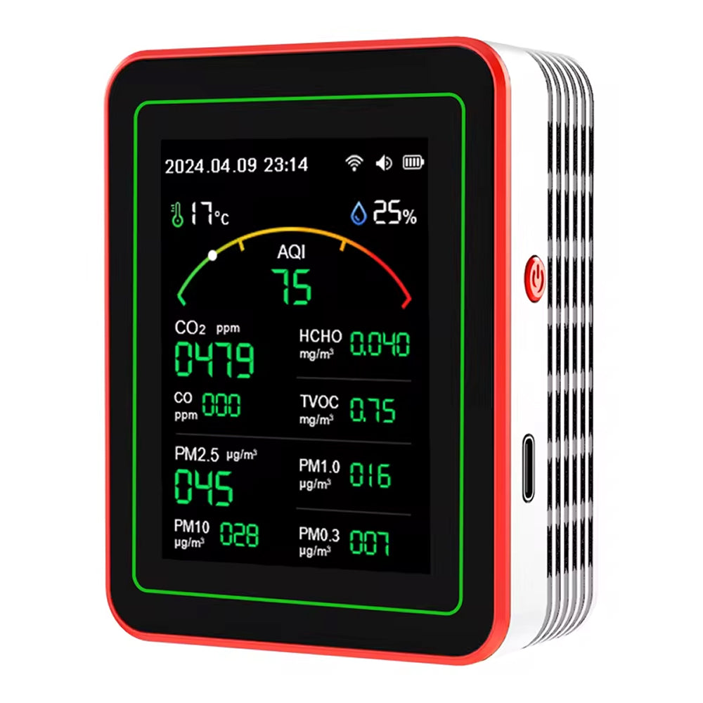 Air quality monitor with digital display on a white background
