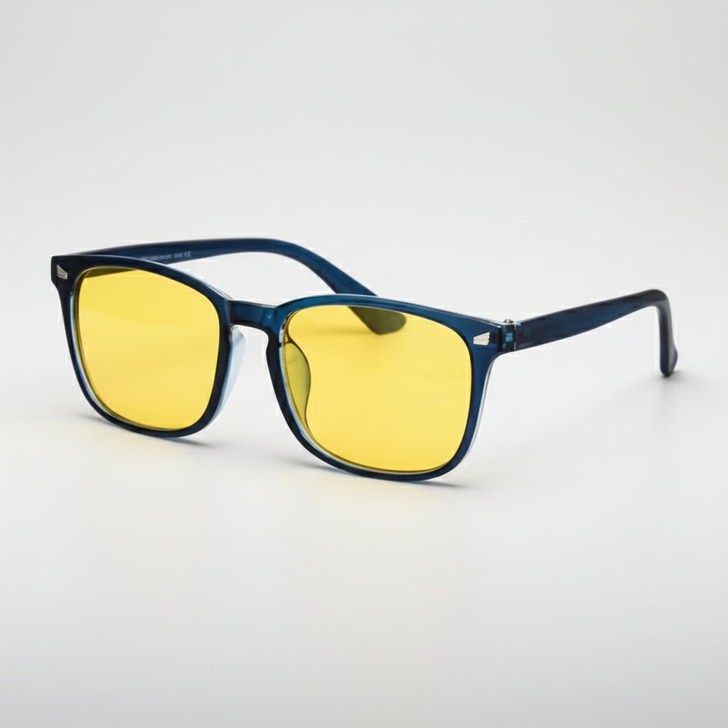 Sunglasses with blue frames and yellow lenses on a light gray background