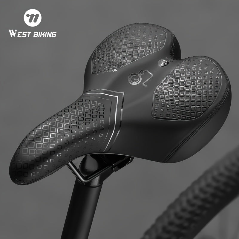 Bicycle saddle with textured surface and West Biking logo on a gray background