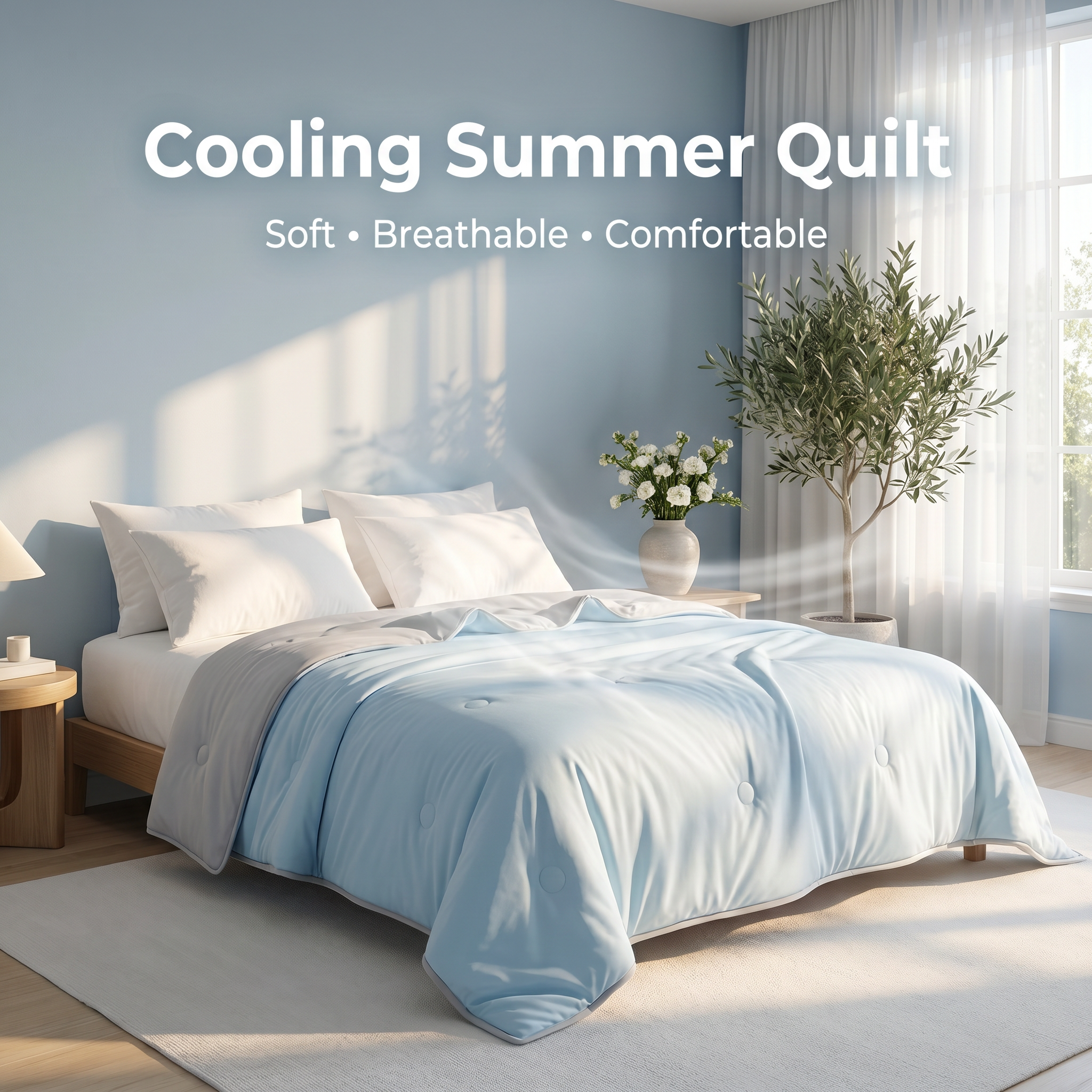 Bed with a cooling summer quilt in a bright bedroom setting