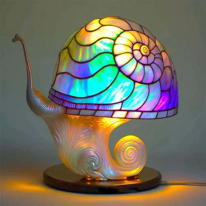 Colorful snail-shaped lamp with a rainbow pattern on a dark background
