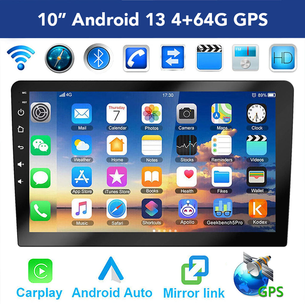 10-inch Android 13 GPS navigation system with app icons and connectivity symbols on a blue background