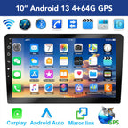 10-inch Android 13 GPS navigation system with app icons and connectivity symbols on a blue background