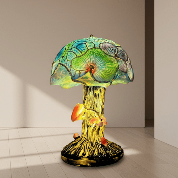 Colorful mushroom-shaped table lamp on a neutral background