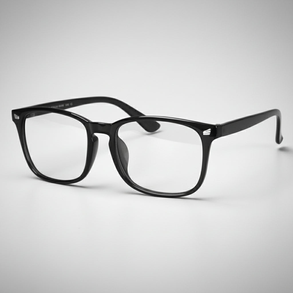 Black eyeglasses on a light gray background
