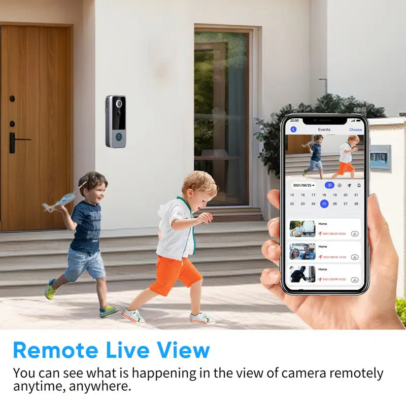 Two children running towards a house with a doorbell camera, and a hand holding a smartphone showing remote live view functionality.