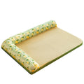 Woven mat with a floral-patterned roll on a white background