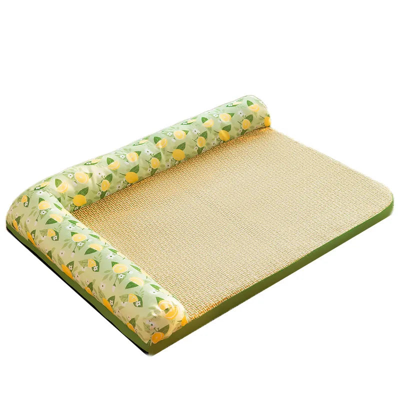 Woven mat with a floral-patterned roll on a white background