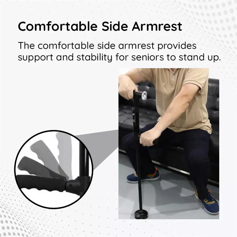 Person using a walking aid with a comfortable side armrest, emphasizing support and stability.
