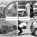 Collage of various car-related scenarios including a woman getting out of a car, two people by a car, a group of cars on a dirt road, and a person checking a tire.